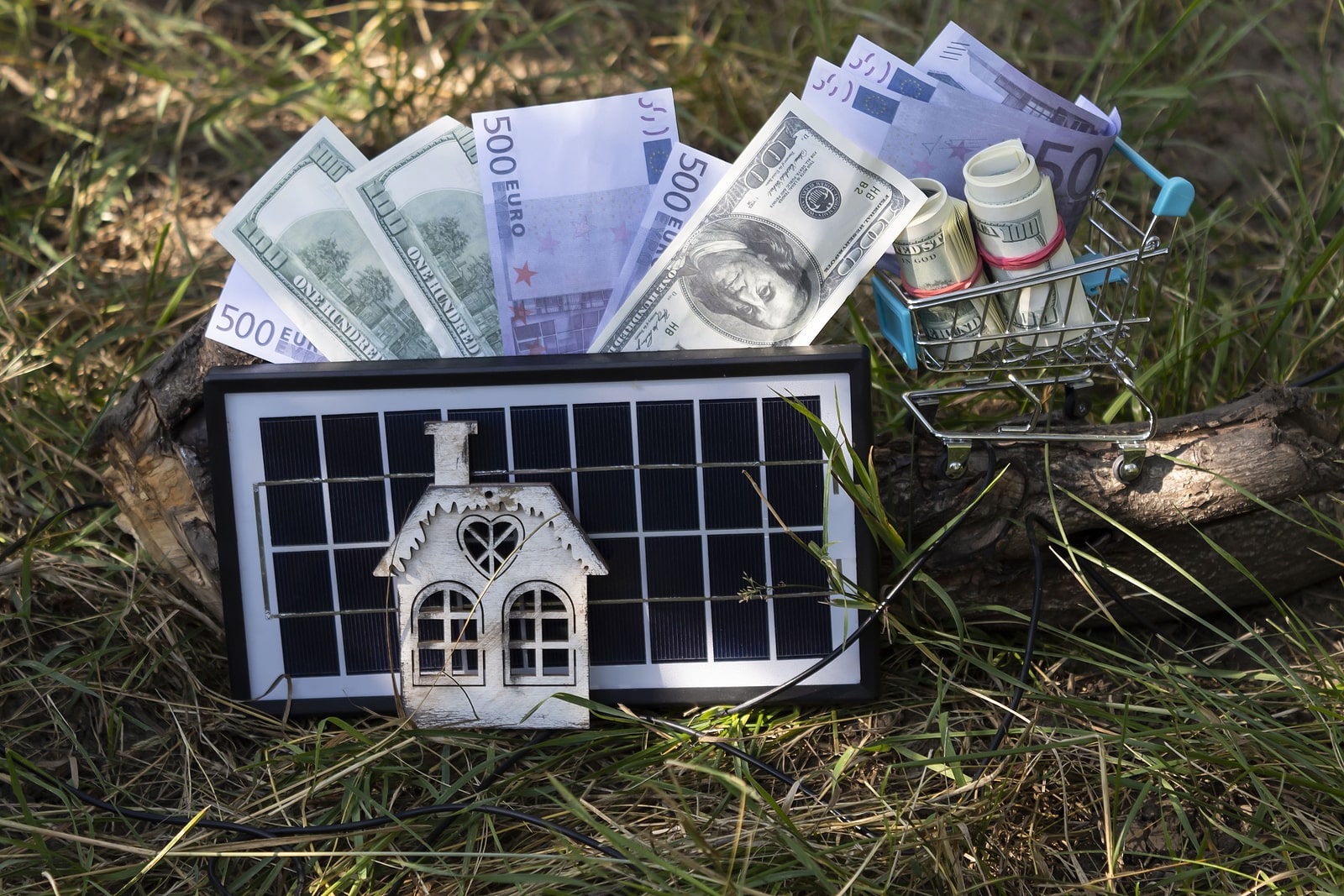 solar panel, a supermarket trolley with money, and a mock-up of a house, concept of the federal solar panel rebate